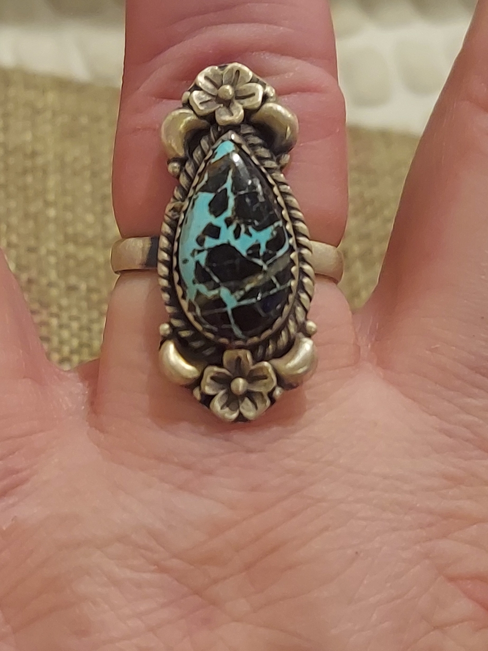 New Brushed Sterling Silver & Blackjack Turquoise Adjustable Ring - Picture 12 of 13